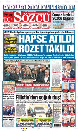 Sözcü gazetesi 31 Ekim 2026 Cumartesi ilk sayfası